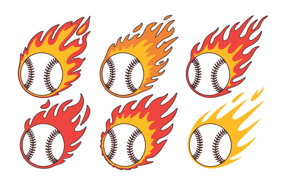 Graphic set of baseball balls with colorful fire trails on white background vector art collection.