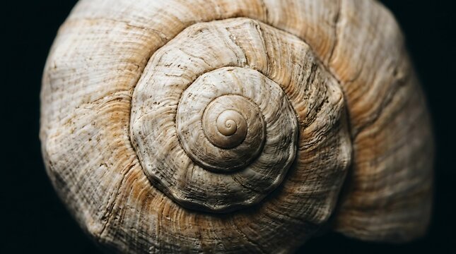 Macro view of a spiral snail shell against a dark background