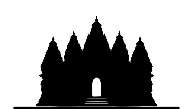 Black silhouette of a traditional hindu temple with tall spires and an entrance gate for travel and cultural designs