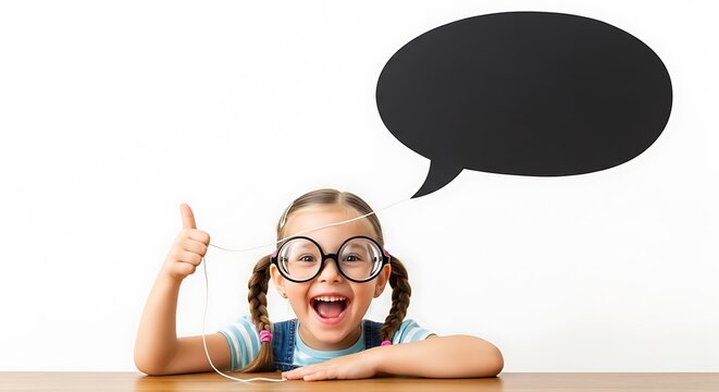 Happy girl with glasses giving thumbs up. Child showing success with blank speech bubble.