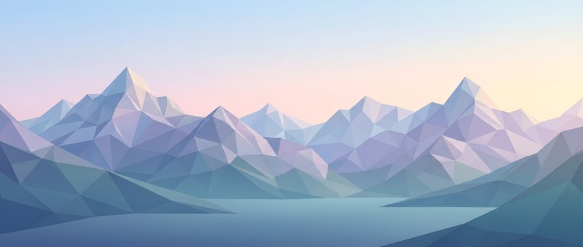 Low poly mountain landscape with lake at sunset in pastel colors.