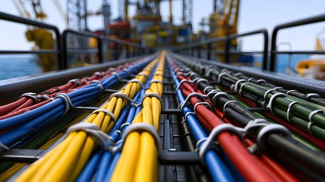Industrial power cables on offshore oil rig, colorful electrical wiring on metal tray, energy infrastructure and telecommunications