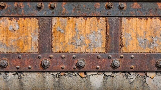Rusted metal beams with bolted panels.