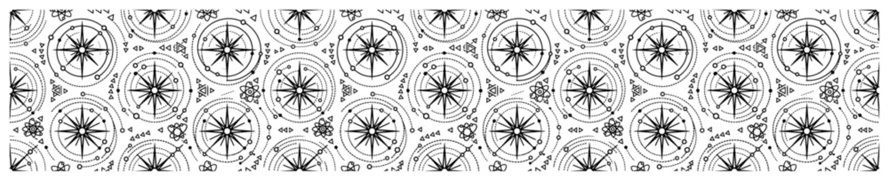 Compass rose nautical star border pattern in geometric line art style