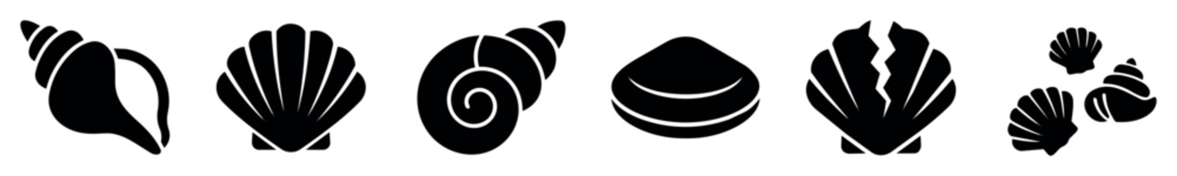 Shell icons including conch shell, scallop shell, spiral shell, clam shell, oyster shell and seashell group silhouettes for marine and beach design projects