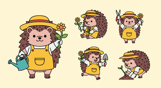Cute cartoon hedgehog gardener set with watering can and flowers.