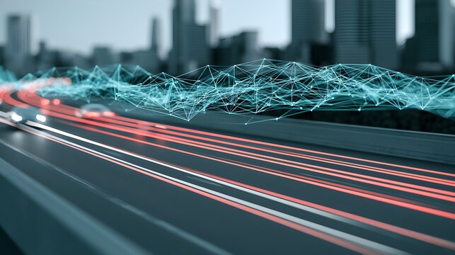 Futuristic smart city highway with digital network data, high speed traffic light trails on urban road, 5G technology infrastructure