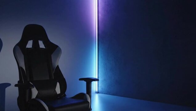 Ergonomic professional gaming chair in a dark room featuring a vertical neon LED light strip in the corner casting blue and purple light on a textured concrete wall surface.