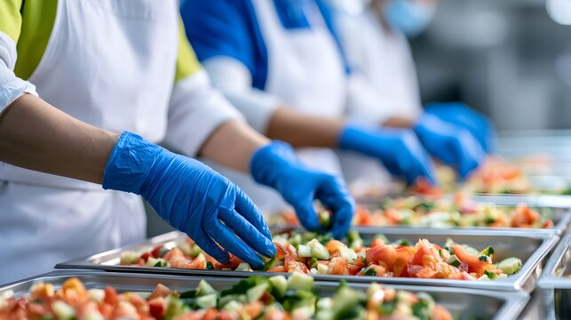 Professional food production line workers, industrial kitchen staff preparing fresh vegetable salads, commercial catering service