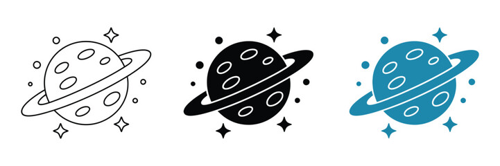 Saturn Planet Icon with Ringed Planet Design, Space Astronomy, Solar System, Cosmic Universe, Outline and Silhouette, Editable Vector Illustration. © RIFAT03