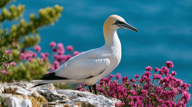 Elegant Seabird Amidst Vibrant Coastal Blooms with Azure Ocean Backdrop: A Captivating Portrait of Nature's Serenity and Wild Beauty in a Tranquil Habitat