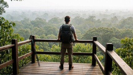 Fototapeta premium Lone Backpacker on Wooden Viewing Platform Overlooking Misty Forest Canopy