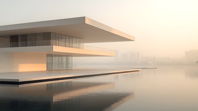 Modern waterfront house at sunrise, fog
