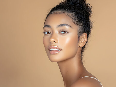 Beautiful young woman with glowing skin and glossy lips, studio portrait