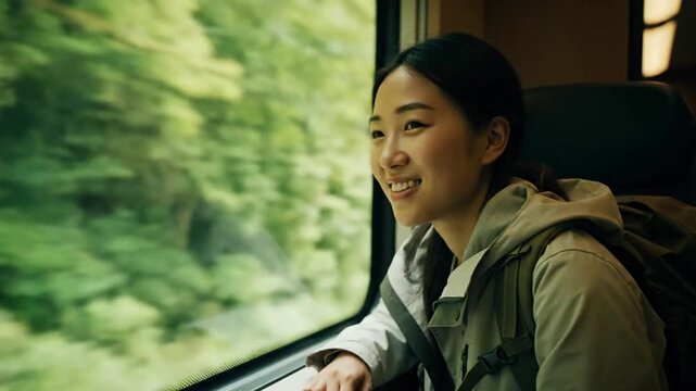Young Asian woman enjoying a scenic journey by train, looking out the window at the lush green forest landscape.