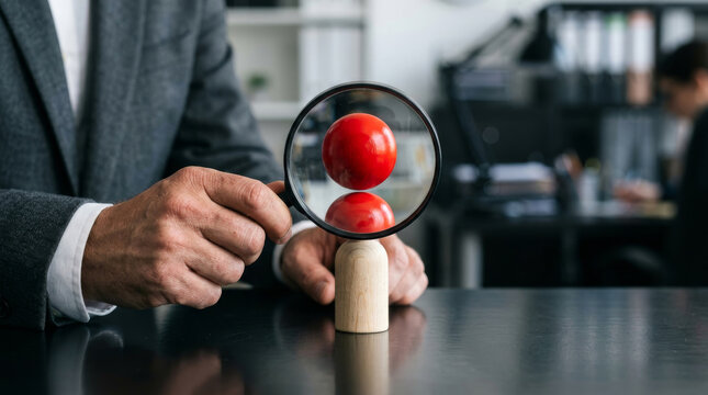 Business executive using magnifying glass to inspect red wooden figure, HR recruitment and talent search concept, corporate employee selection process