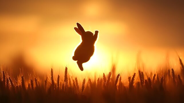 Silhouette of a rabbit jumping over golden wheat field at sunset