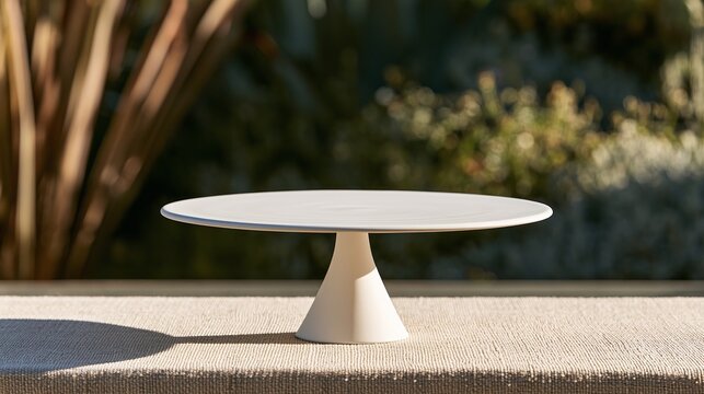 Minimalist white cake stand on textured surface with blurred natural green background, bathed in soft afternoon light, ideal for product display or stylish celebration themes