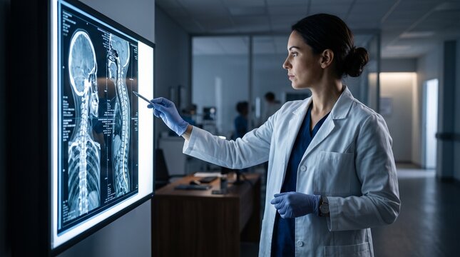 Female doctor in white lab coat points to medical scan of spine and skull on illuminated screen in hospital hallway