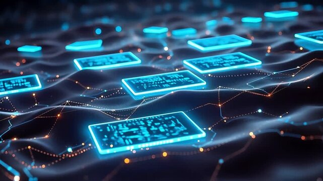Futuristic Quantum Computing and Decentralized Data Grid Concept with Glowing Microchip Boards and Connected Orange Network Nodes on Dark Waves

