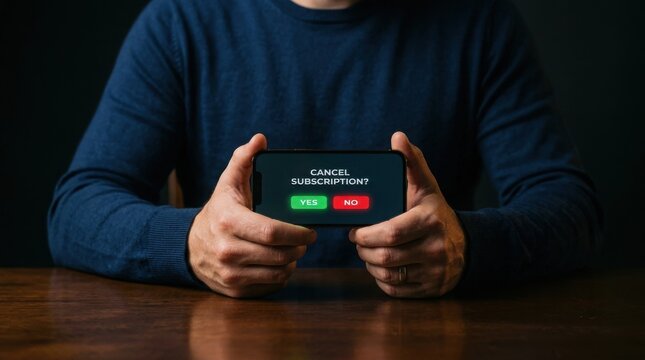 Person holding smartphone displaying cancel subscription question