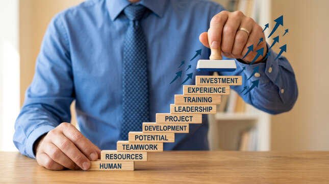Business growth and career development concept, businessman building stairs with wooden blocks, corporate human resources strategy