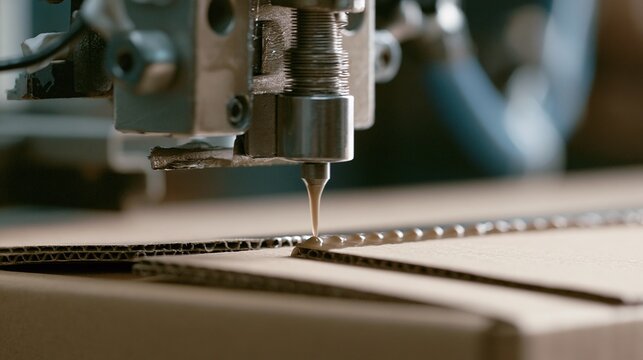 Precision industrial machine applies adhesive to corrugated cardboard, demonstrating automated manufacturing and packaging processes in a workshop environment