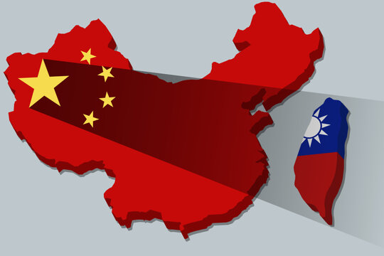 China and Taiwan Conflict Map and Flags, Political and Economic Tension Concept Vector