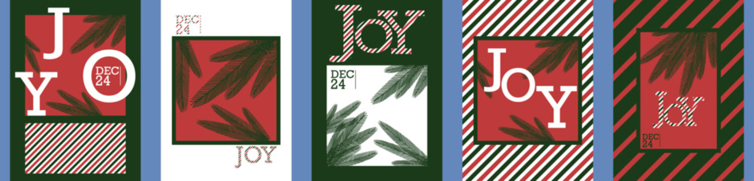 Retro Christmas JOY posters, greeting background, banner, flyer big set. Happy Holidays December 24th Christmas Eve Template for advertising, web, social media, frame typography design
