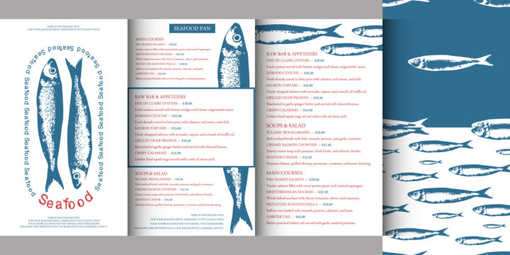 Seafood  Restaurant menu template with seamless patterns branding design set. Fish illustration minimalist layout, anchovy Ocean sea fish cuisine card background 