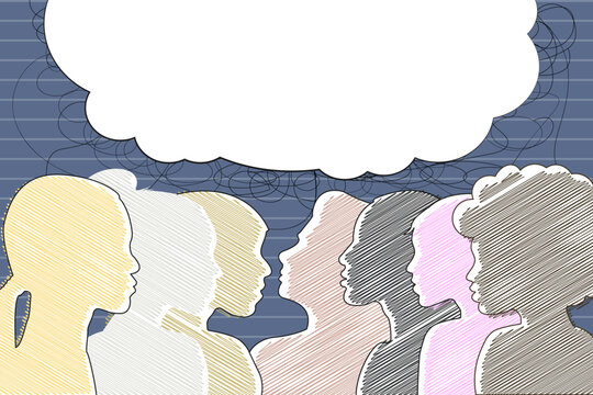 different race, ethnicity diversity group of women female silhouette thoughts, groupthink, team building. Space for advertising layout, sheets, web, social media, web, banner