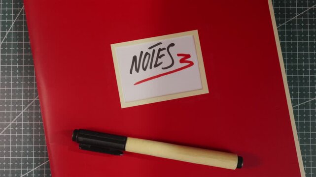 Minimalist tabletop view of red Notes journal folder