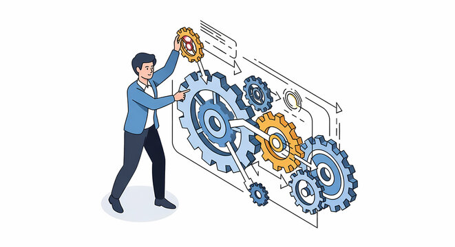 Man assembling gears representing business process and technology.