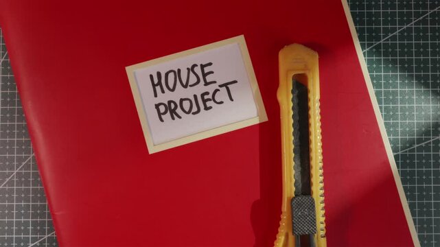 Utility knife placed next to House Project red folder