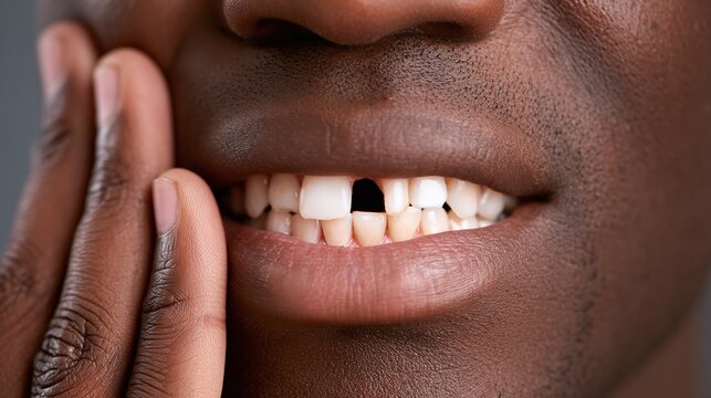 Close-up of a person with dark skin experiencing a missing front tooth and toothache, hand gently touching their face in discomfort, showing dental pain and health issue