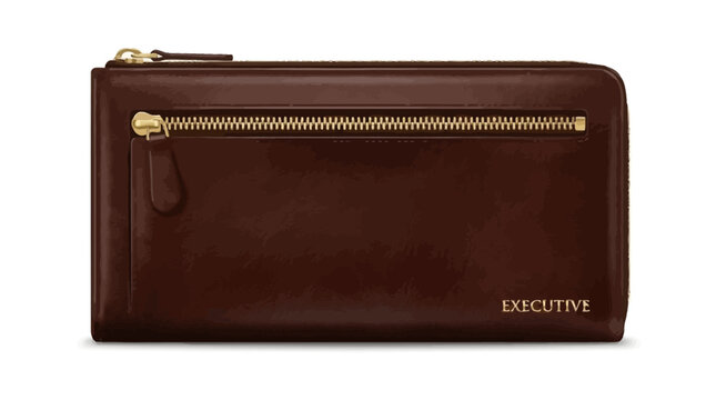Executive brown leather zipper wallet with gold hardware.