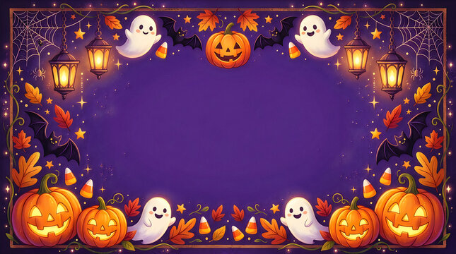 Festive halloween background with pumpkins ghosts and glowing lanterns frame