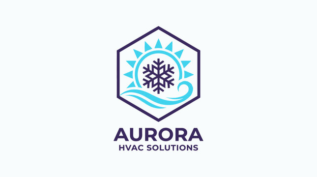 Aurora HVAC Solutions logo with snowflake sun and wave inside a hexagon.