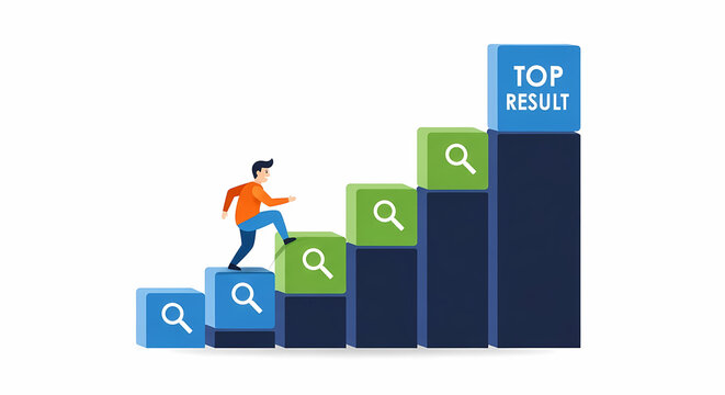 Man climbing search result stairs to achieve top position.