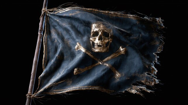 Aged, tattered, black and gold skull and crossbones flag with frayed edges, waving on a simple staff against a stark black background, evoking adventure and danger