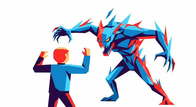 Man Confronting a Blue and Red Monster with Spikes.