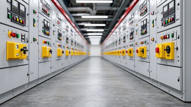 Long corridor lined with industrial electrical panels.