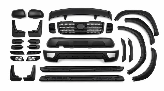Automotive body kit parts set on white background.