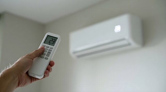 Modern air conditioner remote control in hand, white split system unit on wall, indoor climate control and cooling technology