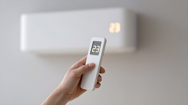 Modern air conditioner remote control in hand, white split system AC unit on wall, smart home climate control and temperature adjustment