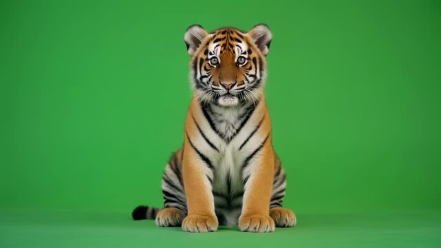 Adorable tiger cub sitting on a vibrant green background with subtle cinematic lighting