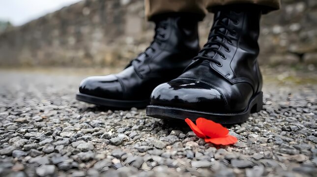 Black leather boots with red poppy on gravel ground.