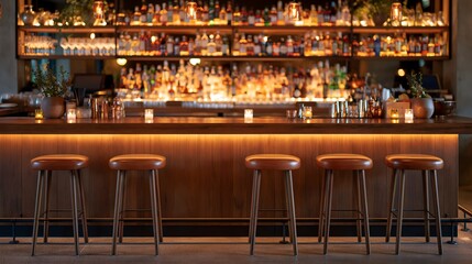 Fototapeta premium Warm glow illuminates wood bar and stools.