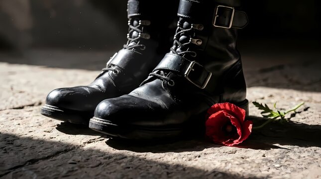 Black leather combat boots and red rose on pavement.