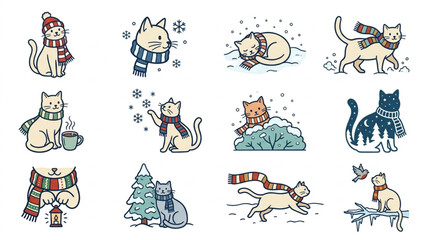 Playful cartoon cats in winter and holiday scenes. © Sungkem